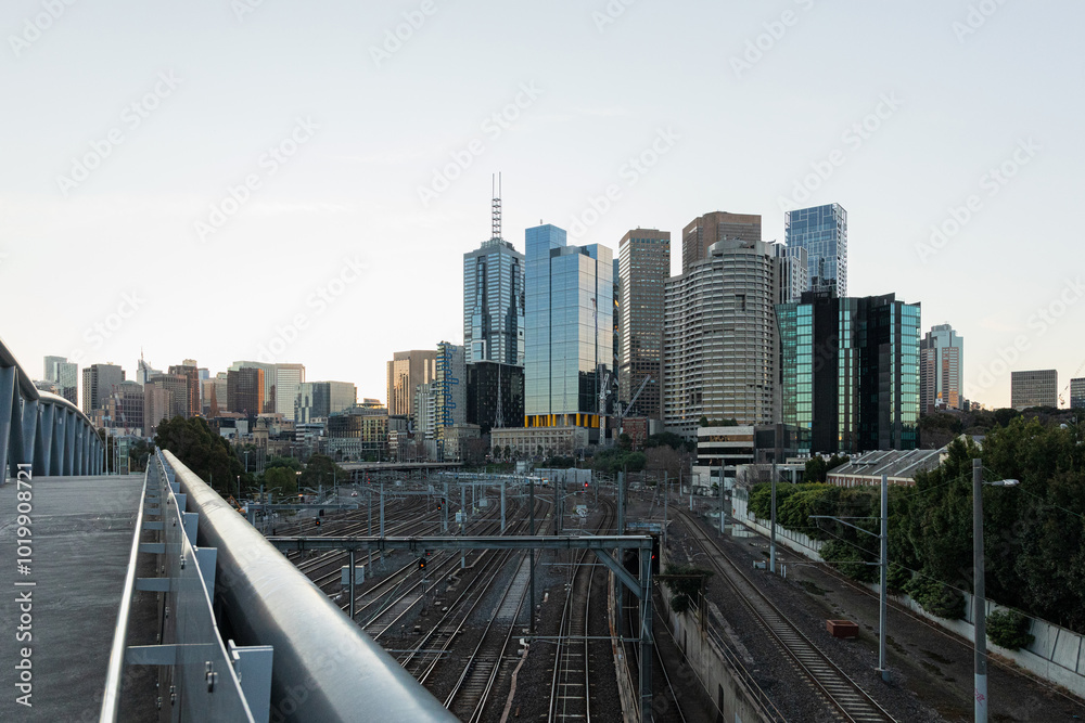 Melbourne Australia skyline with railway during early morning. Melbourne Australia skyline with railway during early morning.