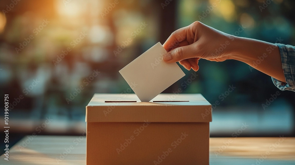 A focused hand places a voting ballot into a ballot box, symbolizing civic duty and participation in democracy, set against a blurred background that emphasizes the importance of the act A focused hand places a voting ballot into a ballot box, symbolizing civic duty and participation in democracy, set against a blurred background that emphasizes the importance of the act