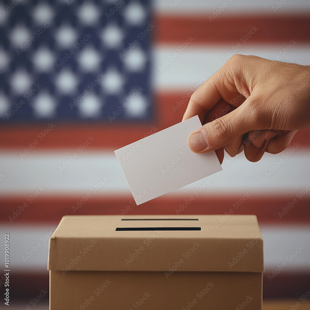 With an American flag in the background, one hand holds a ballot and a ballot box With an American flag in the background, one hand holds a ballot and a ballot box