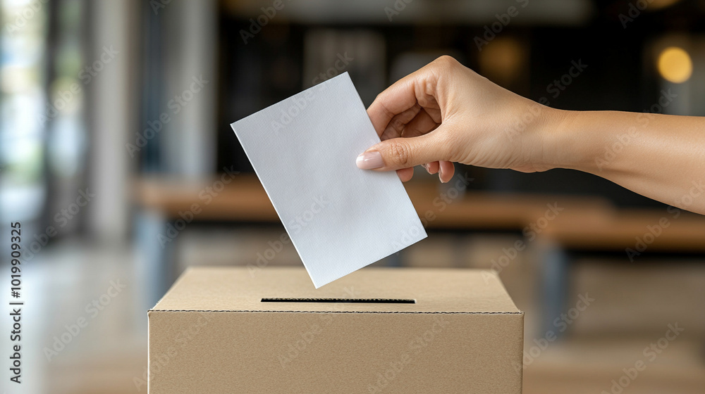 A focused hand places a voting ballot into a ballot box, symbolizing civic duty and participation in democracy, set against a blurred background that emphasizes the importance of the act A focused hand places a voting ballot into a ballot box, symbolizing civic duty and participation in democracy, set against a blurred background that emphasizes the importance of the act
