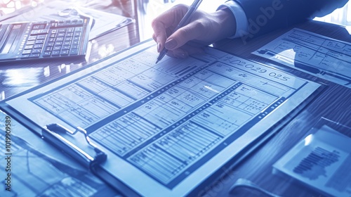 A hand fills out a detailed planning document on a clipboard, suggesting precision and careful consideration in professional planning and execution tasks. photo