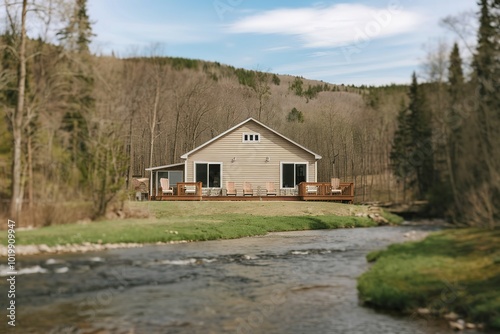 Beige house in on a forest with river in front