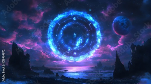 Cosmic Celestial Portal Alignment of Mystical Planetary Symbols in Ethereal Dreamlike Digital Surrealist Landscape photo