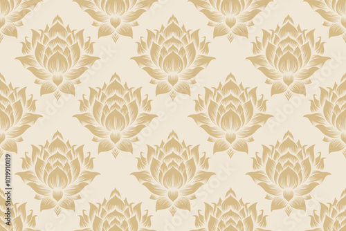 Luxurious Gold Floral Damask Pattern with Elegant Lotus Motif on Beige Background, Perfect for Home Decor, Wallpaper, Textile Design, Fashion, Upholstery, Traditional Interiors, and Wall Art Projects