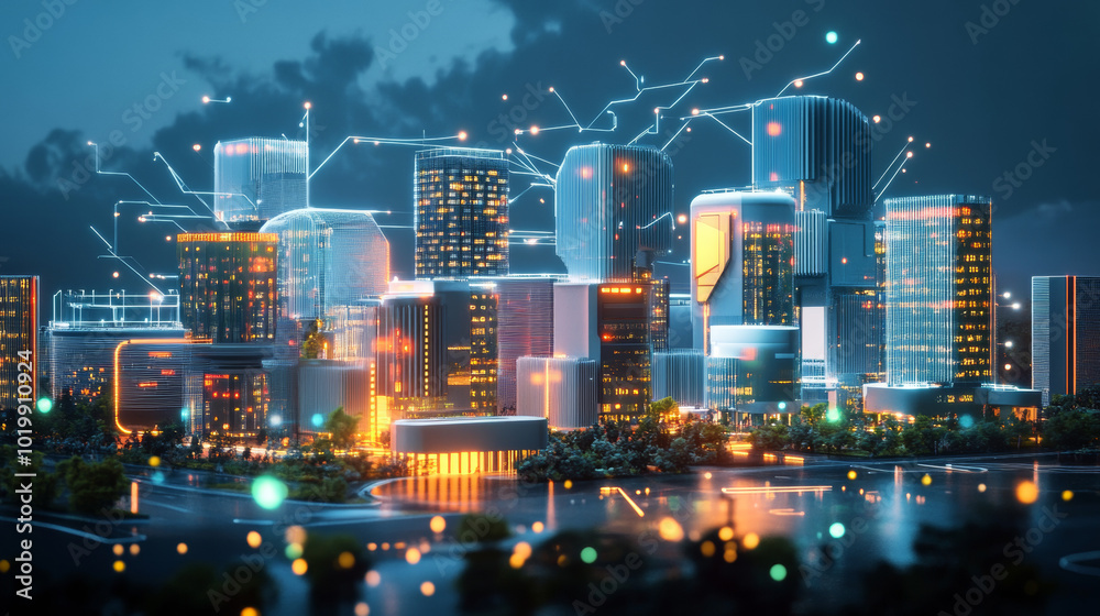 A futuristic smart city powered by artificial intelligence (AI). This AI manages the city's infrastructure efficiently, with buildings designed in a modern, 3D style. A futuristic smart city powered by artificial intelligence (AI). This AI manages the city's infrastructure efficiently, with buildings designed in a modern, 3D style.