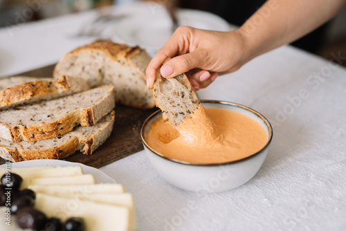 Hand dipping bread slice into creamy orange dip bowl.