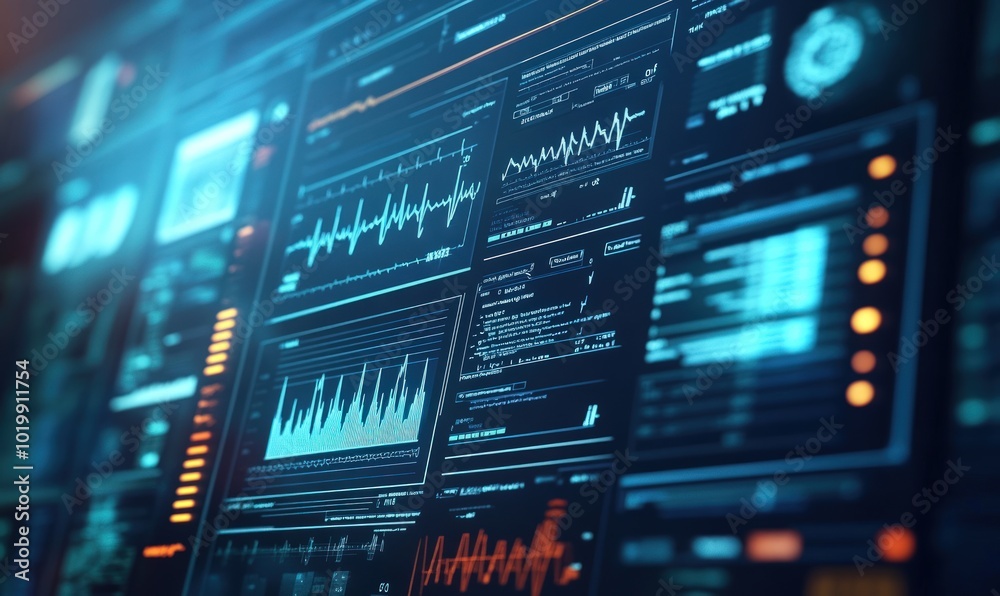 A close-up view of a computer screen with multiple data visualizations, including charts, graphs, and lines, representing digital data and information.