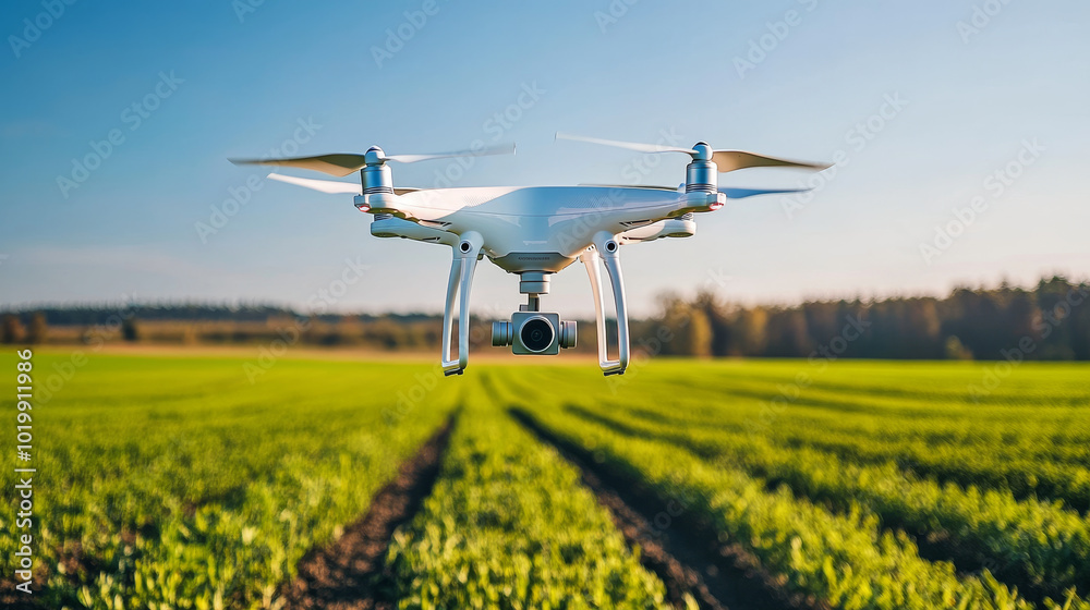 A drone with a camera flies over a field, taking pictures to create a 3D map of the land. This helps farmers understand the terrain and plan their work.