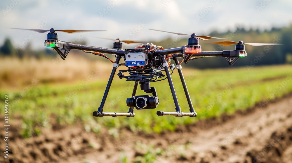 A drone with a camera flies over a field, taking pictures to create a 3D map of the land. This helps farmers understand the terrain and plan their work. A drone with a camera flies over a field, taking pictures to create a 3D map of the land. This helps farmers understand the terrain and plan their work.