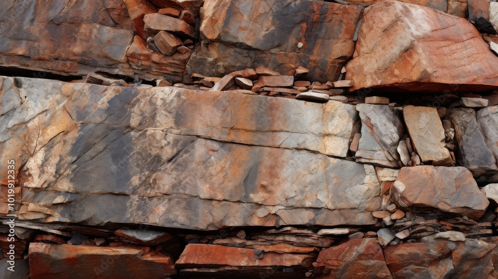 Fototapeta premium Rusty, weathered rocks interlock seamlessly, showcasing nature’s timeless artistry in texture, color, and organic form.
