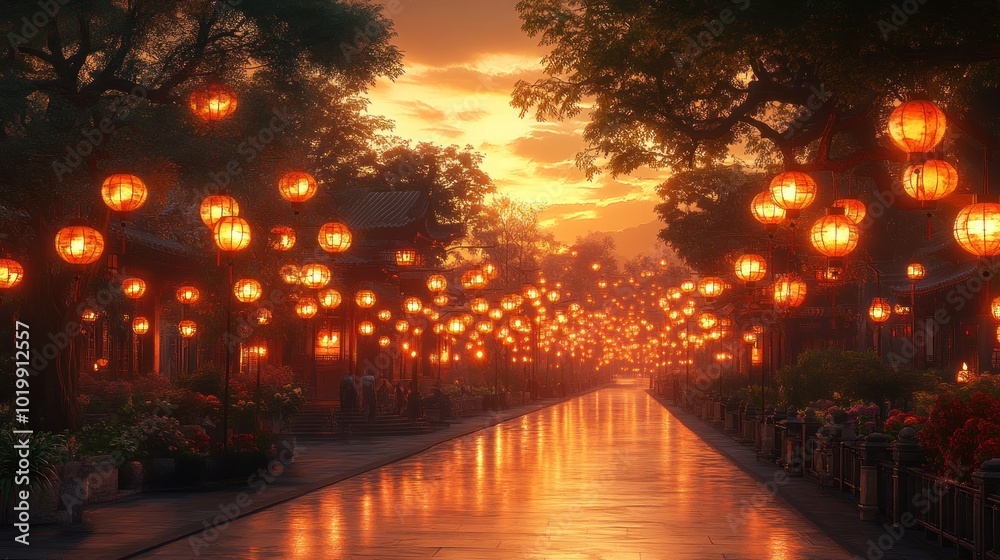Serene street illuminated by lanterns at sunset. Serene street illuminated by lanterns at sunset.