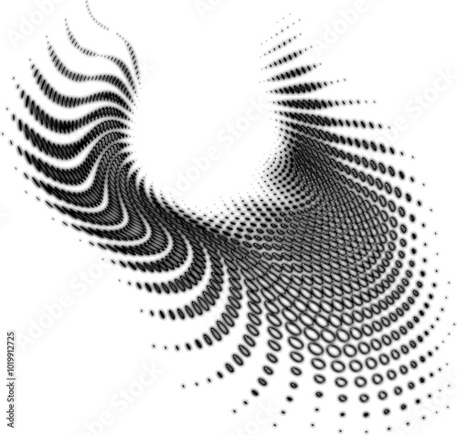 Dotted halftone metallic swirl with volumetric melted elements. For trademark, brand, logo. Vector.