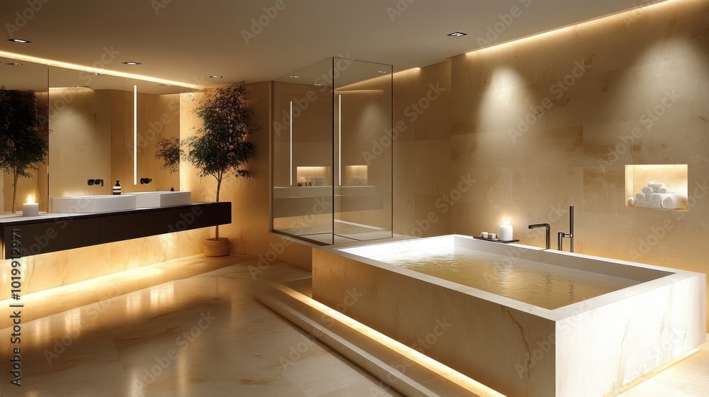 Modern bathroom with elegant lighting and minimalist design.