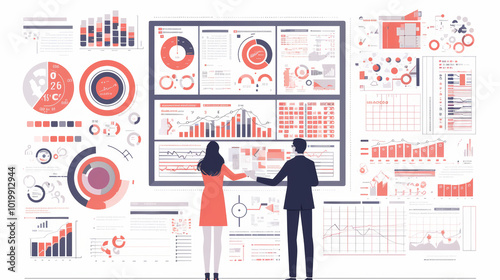 A business team of two reviews various performance metrics on a digital board, focusing on growth and business insights, highlighting technology-driven decisions.