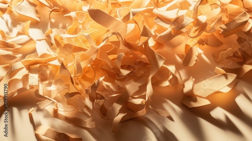 A chaotic pile of curling pencil shavings lies strewn across a desktop, capturing the essence of creativity at work in a sunlit room. photo