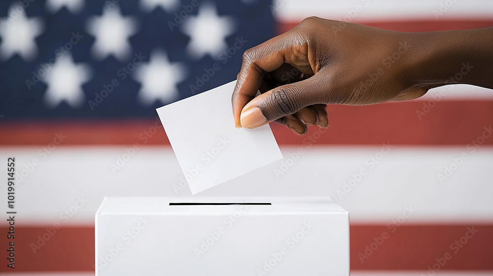 With an American flag in the background, one hand holds a ballot and a ballot box With an American flag in the background, one hand holds a ballot and a ballot box