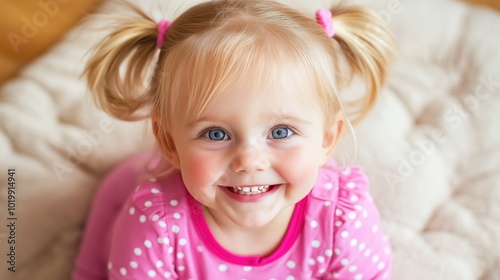 A sweet girl with blonde pigtails smiles radiantly, exuding joy and innocence