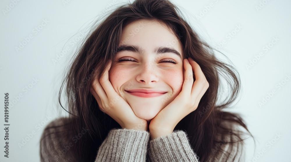 A cheerful girl expresses genuine joy, her smile lighting up the pure white background with warmth A cheerful girl expresses genuine joy, her smile lighting up the pure white background with warmth