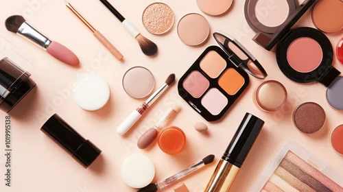 Obraz An assortment of neatly arranged makeup products set against a pastel background, illustrating elegance and beauty variety.