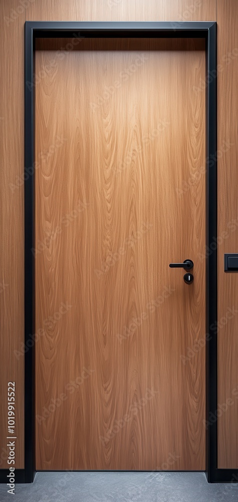 Modern wooden door with sleek black frame and handle, isolated on white background. Modern wooden door with sleek black frame and handle, isolated on white background.