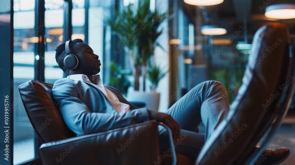 Man Relaxing in Office Chair with Headphones Man Relaxing in Office Chair with Headphones