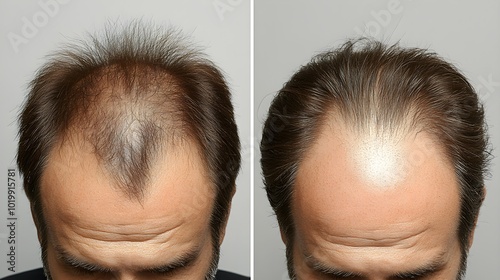 Top-down view of the head's crown before and after hair restoration, highlighting significant regrowth in previously balding areas, Clean Background, Realistic Style photo