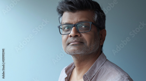 Mature man with glasses looking pensive in soft light.