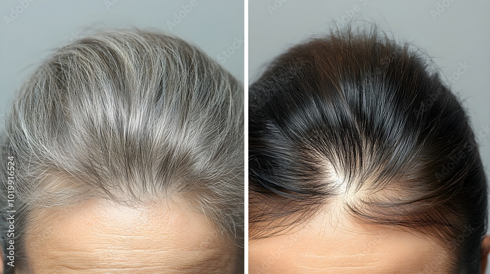 Fototapeta premium Top-down before-and-after comparison of the crown, highlighting the restoration of hair in balding spots, from noticeable thinning to full regrowth
