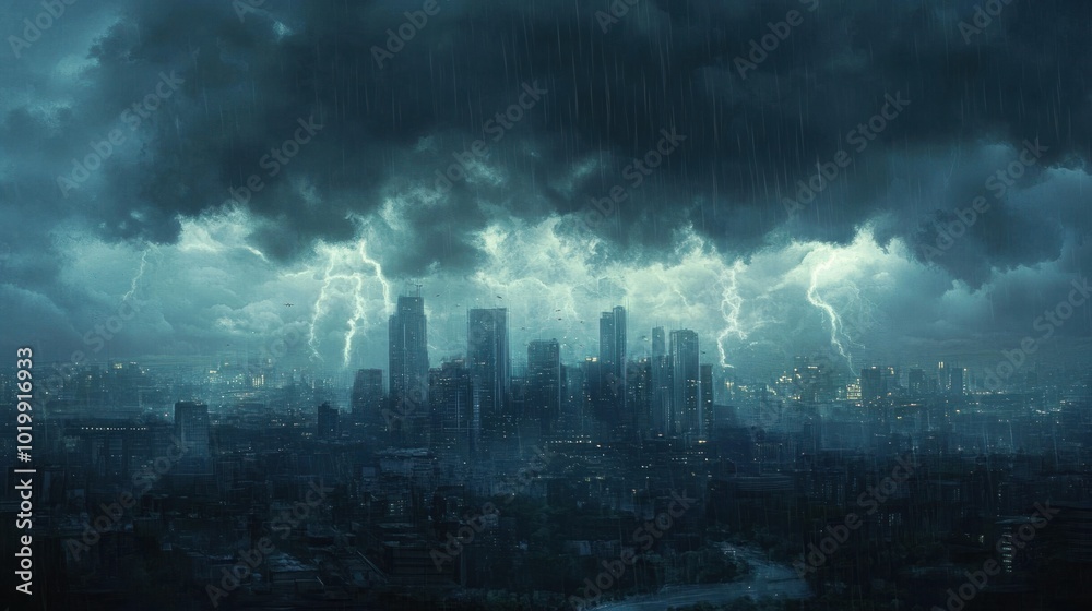 Fototapeta premium Dark thunderclouds rolling over a city skyline, with rain beginning to fall in the distance.