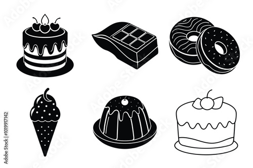 Set of Sweets and Desserts iteam food icon silhouette vector on white background.