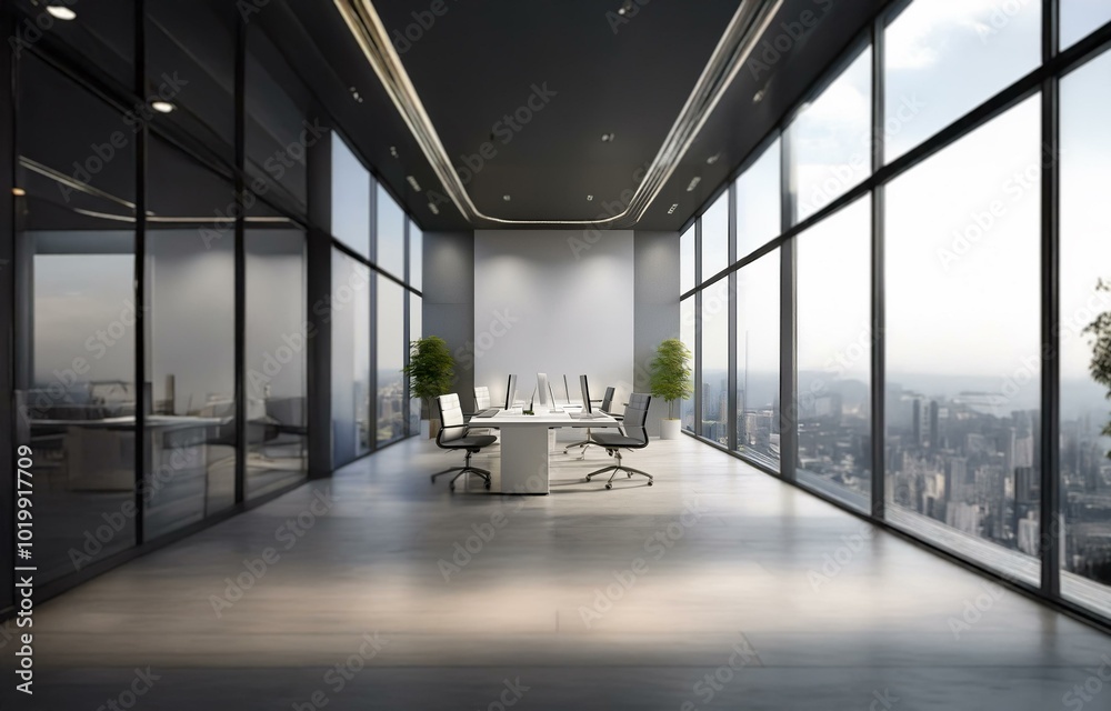 Modern office space with large windows offering a panoramic cityscape view, a sleek white table, and black chairs. Modern office space with large windows offering a panoramic cityscape view, a sleek white table, and black chairs.
