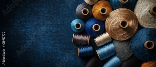 Close-up of colorful spools of thread on a dark background, ideal for sewing and craft projects.