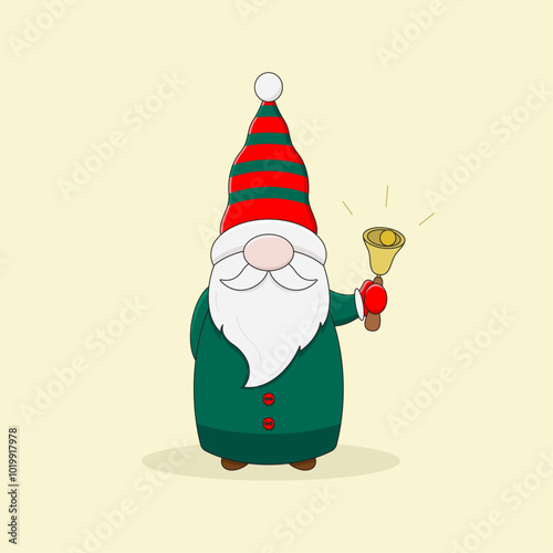 Cute Christmas gnome in green coat, striped hat and mittens holds a handbell. Cartoon style vector illustration.