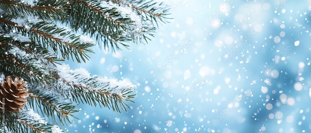 Serene winter landscape with snow-covered pine tree branches and falling snowflakes, perfect for seasonal and holiday designs Serene winter landscape with snow-covered pine tree branches and falling snowflakes, perfect for seasonal and holiday designs