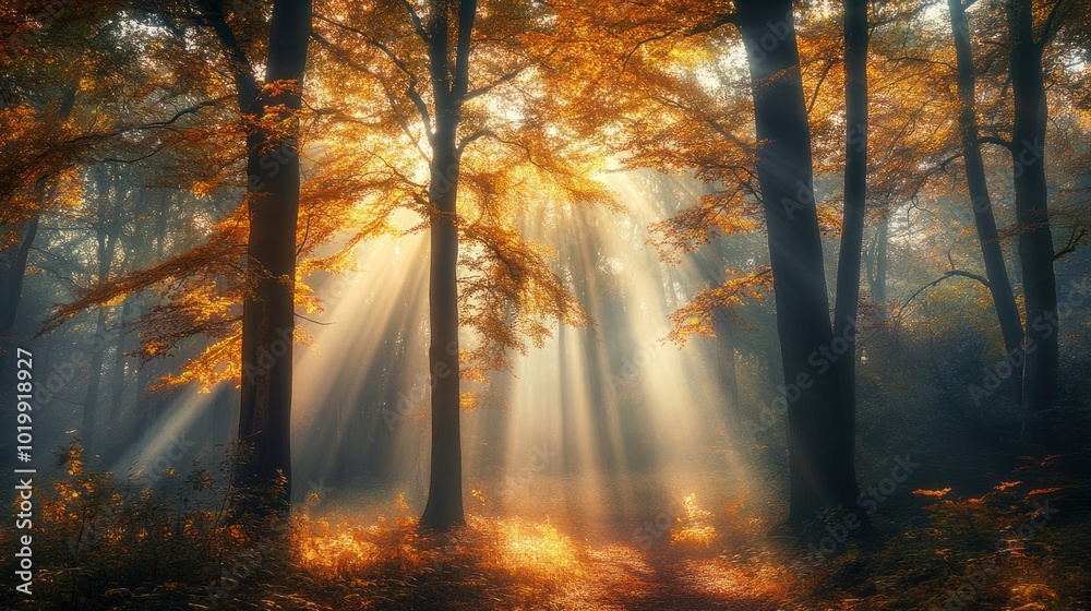 Obraz premium Golden sunbeams filtering through towering forest trees on a misty autumn morning.
