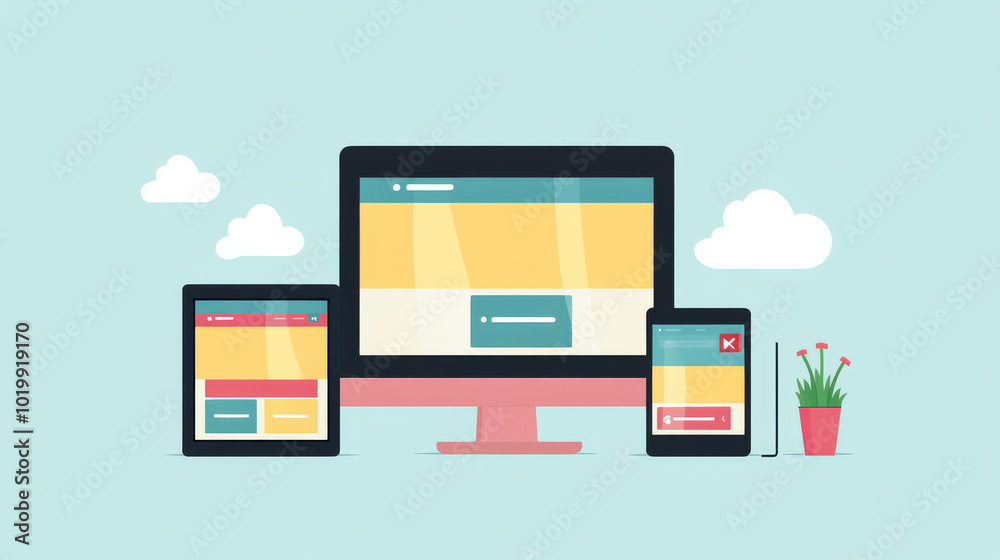 Designing websites that work well on different devices like computers, tablets, and phones.Creating a user-friendly layout for each screen size. Illustrating the idea of web technology with a banner. Designing websites that work well on different devices like computers, tablets, and phones.Creating a user-friendly layout for each screen size. Illustrating the idea of web technology with a banner.