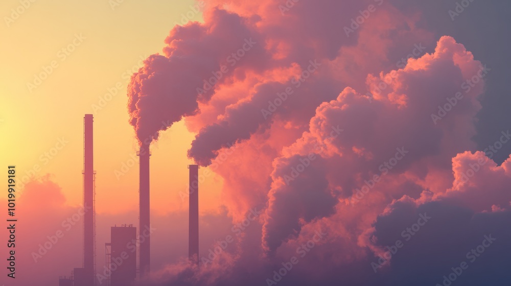 Obraz premium Industrial smokestacks releasing pollutants into the air, contributing to global warming.