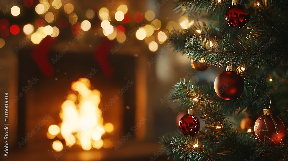 Close up of shiny green gift box with bow ribbon and gold balls on table nearby Christmas pine tree adorned gold shiny ball against blurry fireplace on background, House interior decoration Close up of shiny green gift box with bow ribbon and gold balls on table nearby Christmas pine tree adorned gold shiny ball against blurry fireplace on background, House interior decoration