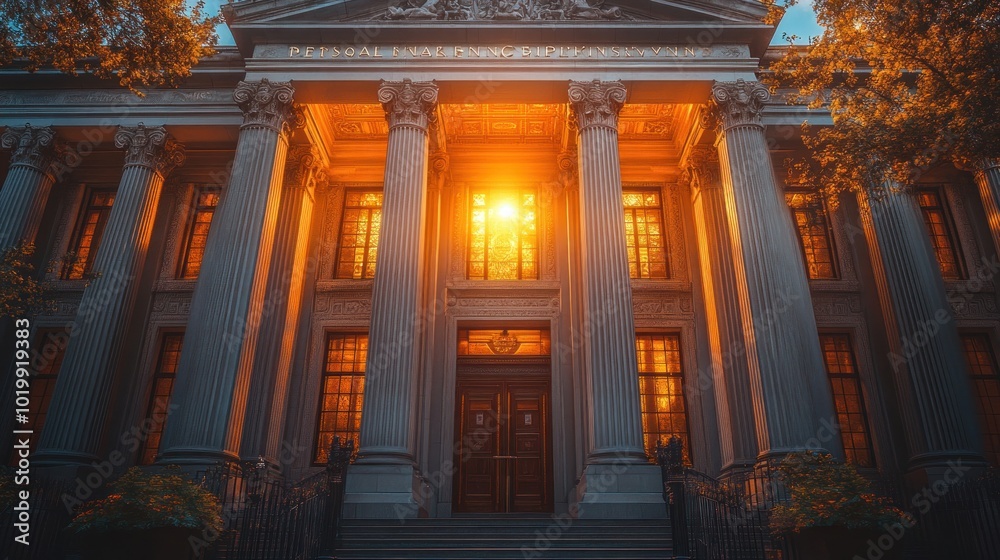 Majestic building with illuminated entrance at dusk. Majestic building with illuminated entrance at dusk.
