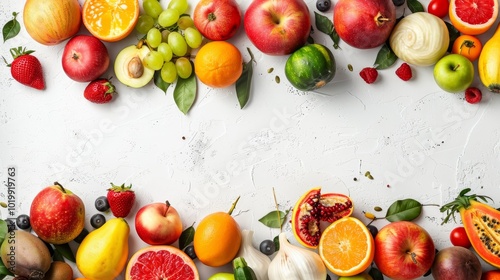 Fototapeta Naklejka Na Ścianę i Meble -  Vibrant display of colorful fruits and vegetables artfully arranged on a white table