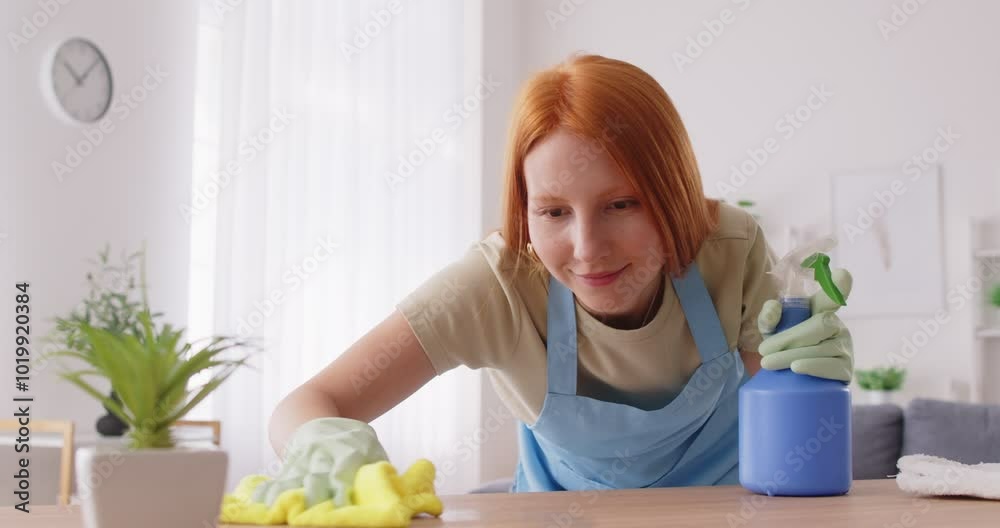 Friendly housewife cleaning home, dusting furniture with a spray and rag. She is engaged in household chores, ensuring space is tidy as part of regular, everyday housecleaning routine. Friendly housewife cleaning home, dusting furniture with a spray and rag. She is engaged in household chores, ensuring space is tidy as part of regular, everyday housecleaning routine.