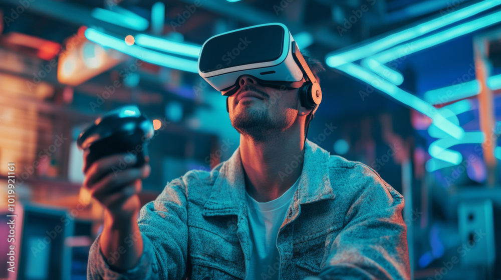 A man plays a virtual reality video game, wearing a headset and holding a controller. He's immersed in the digital world, looking up at the virtual environment.