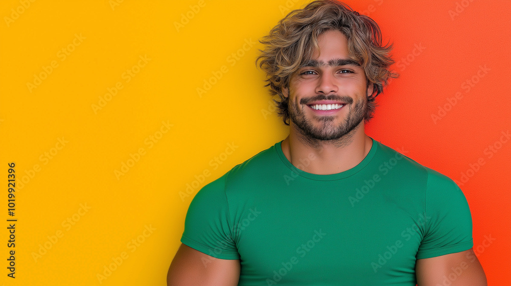 Happy man in green shirt posing against yellow and orange background. Happy man in green shirt posing against yellow and orange background.