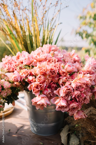 Bucket brimming with pink roses in an outdoor setting. photo