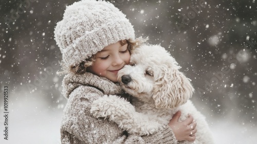 A little girl hugging a white dog in the snow