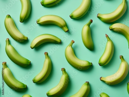 Vibrant green bananas neatly arranged on a turquoise background, showcasing their freshness and appealing color.