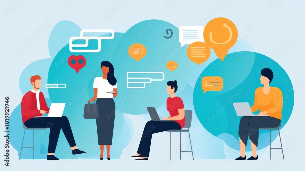 Diverse cartoon characters in an office environment engage in digital communication, highlighting modern workplace dynamics. Diverse cartoon characters in an office environment engage in digital communication, highlighting modern workplace dynamics.