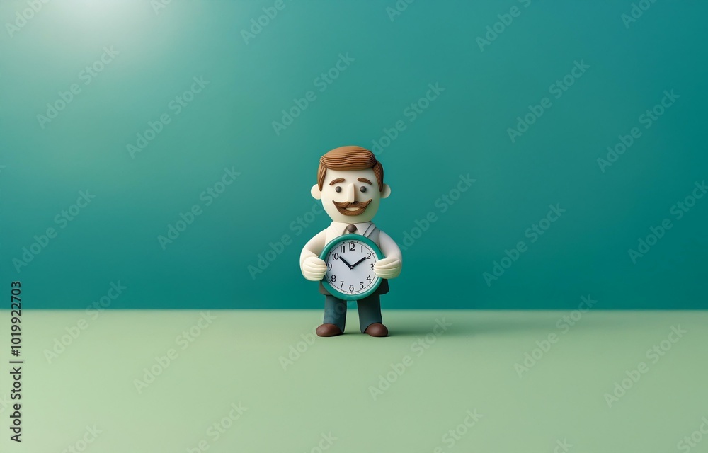 A clay figurine of a man with a mustache holding a clock in front of a green background. A clay figurine of a man with a mustache holding a clock in front of a green background.