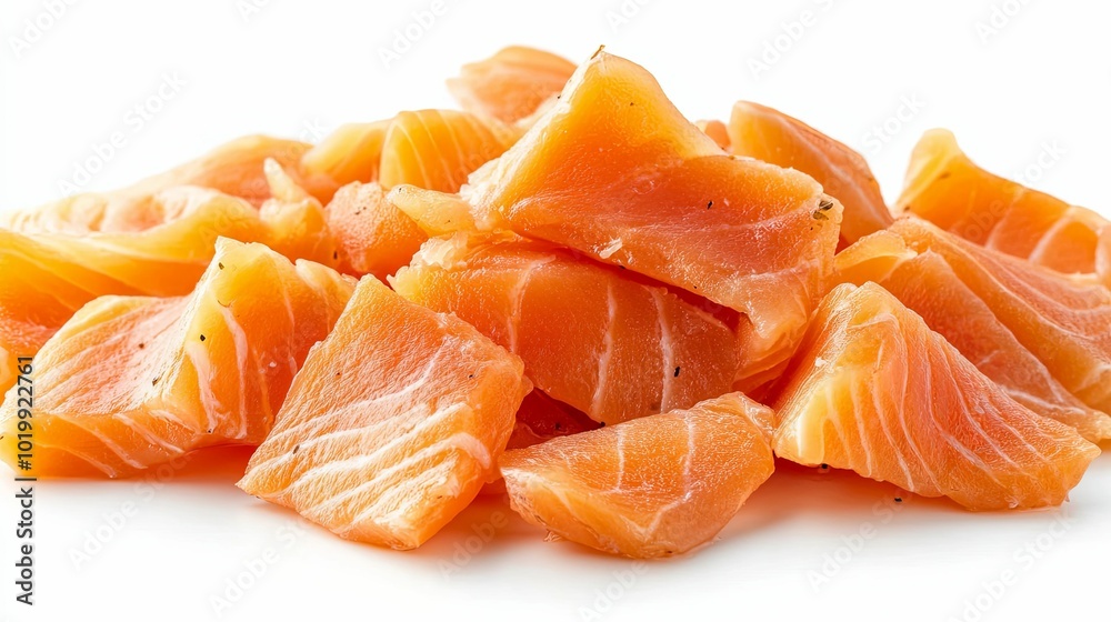 Close-up of Raw Salmon Pieces on a White Background Close-up of Raw Salmon Pieces on a White Background