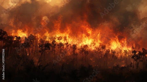 Smoke and flames consuming a once-thriving forest, illustrating deforestation and climate change.